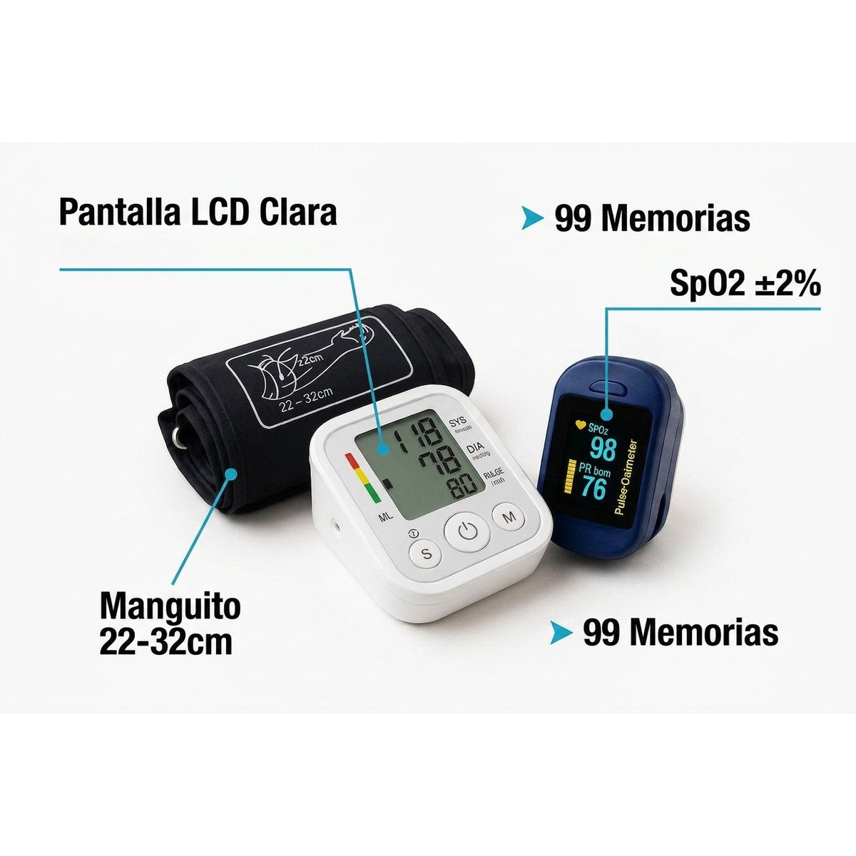 Especificaciones VitalPack tensiómetro brazo pantalla LCD oxímetro OLED SpO2 memoria lecturas