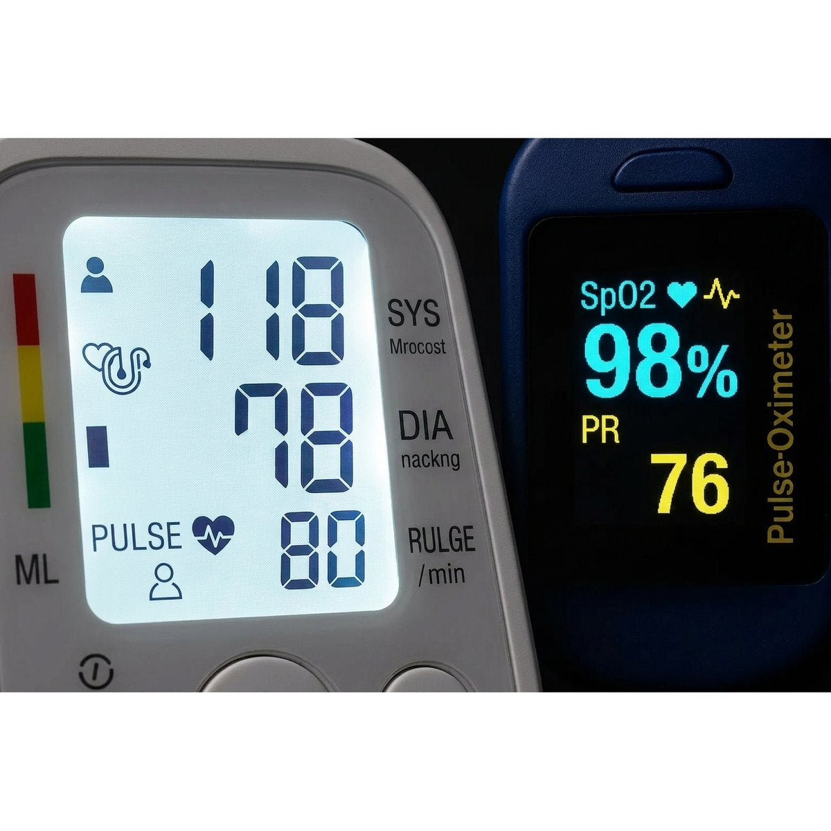 Pantallas tensiómetro y oxímetro VitalPack mostrando SYS DIA SpO2 pulso lecturas claras precisas
