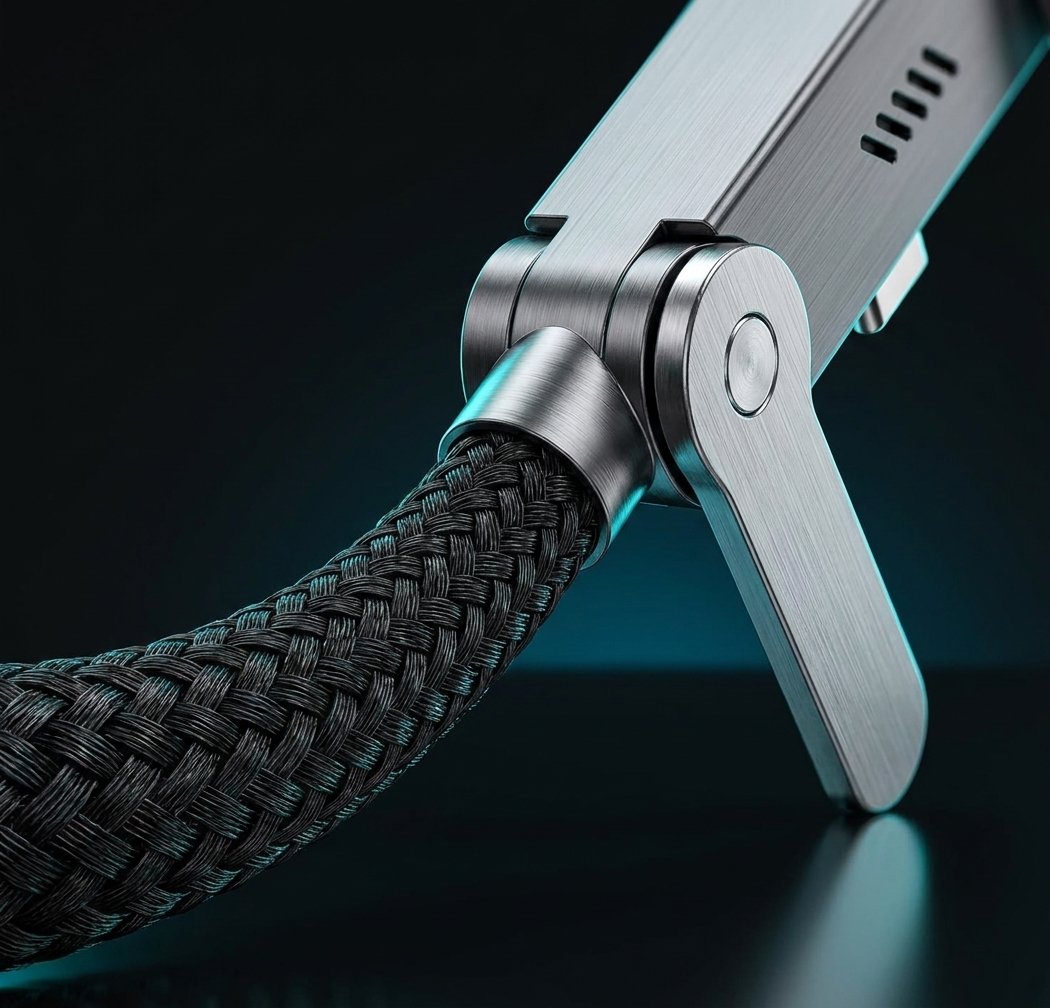 Detalle macro del conector USB-C en codo y la malla trenzada reforzada del cable