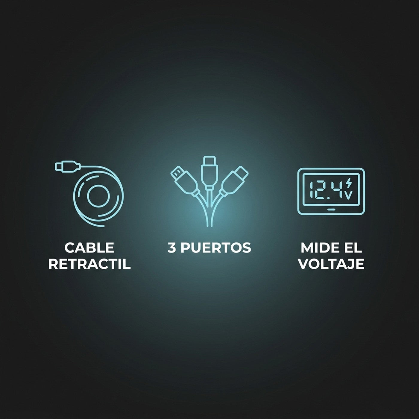 Cable retractil, 3 puertos y voltimetro