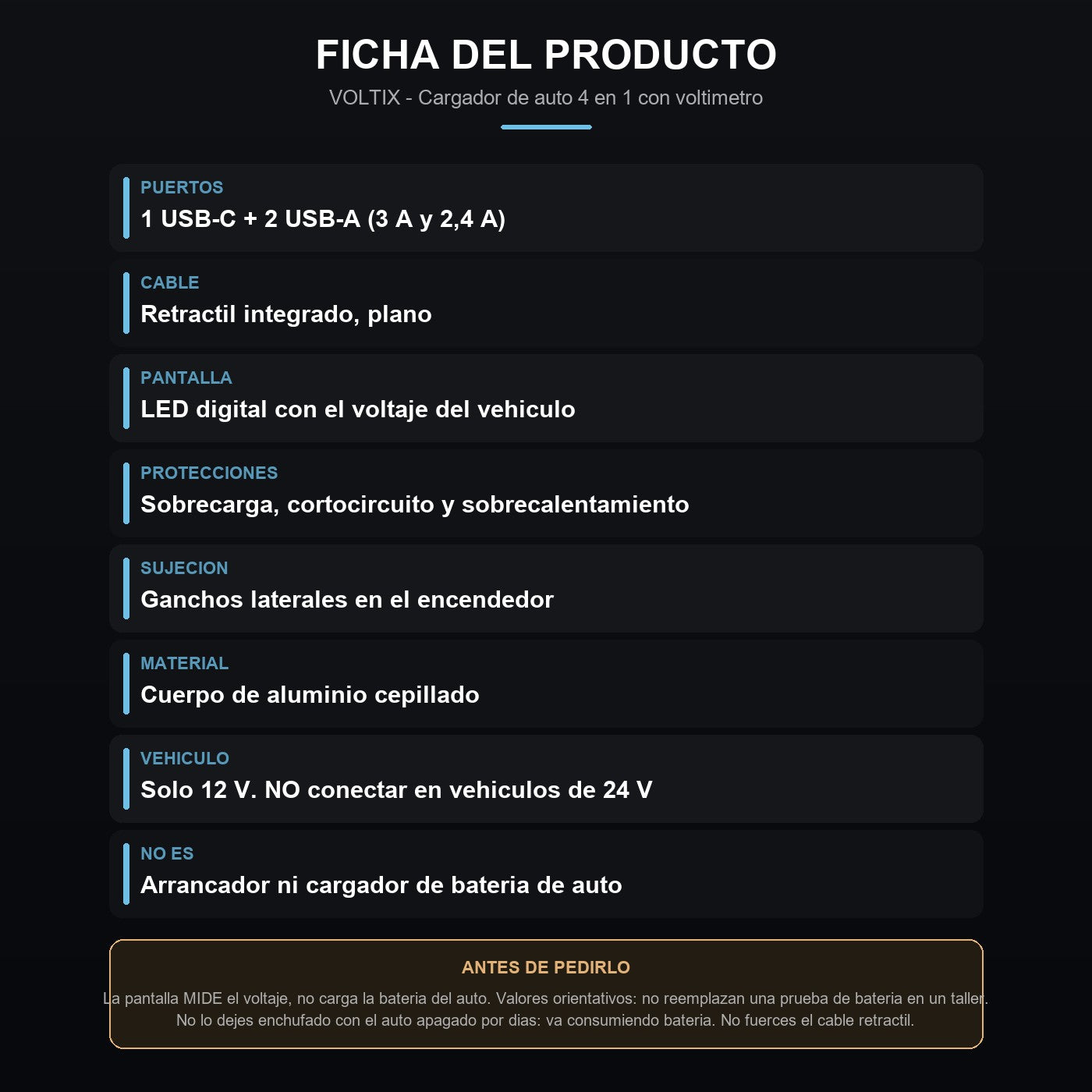 Ficha: puertos, pantalla, protecciones y advertencias