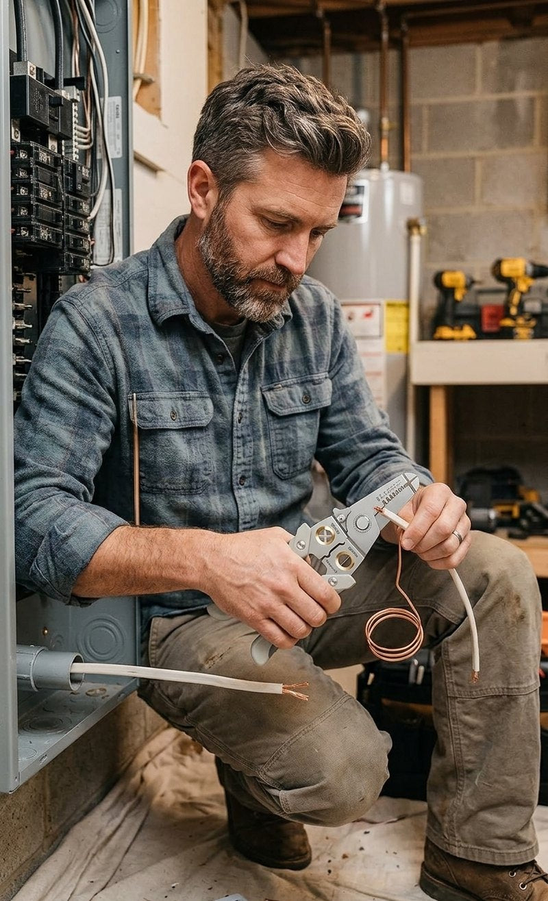 Hombre haciendo instalación eléctrica en casa con alicate WIREPRO