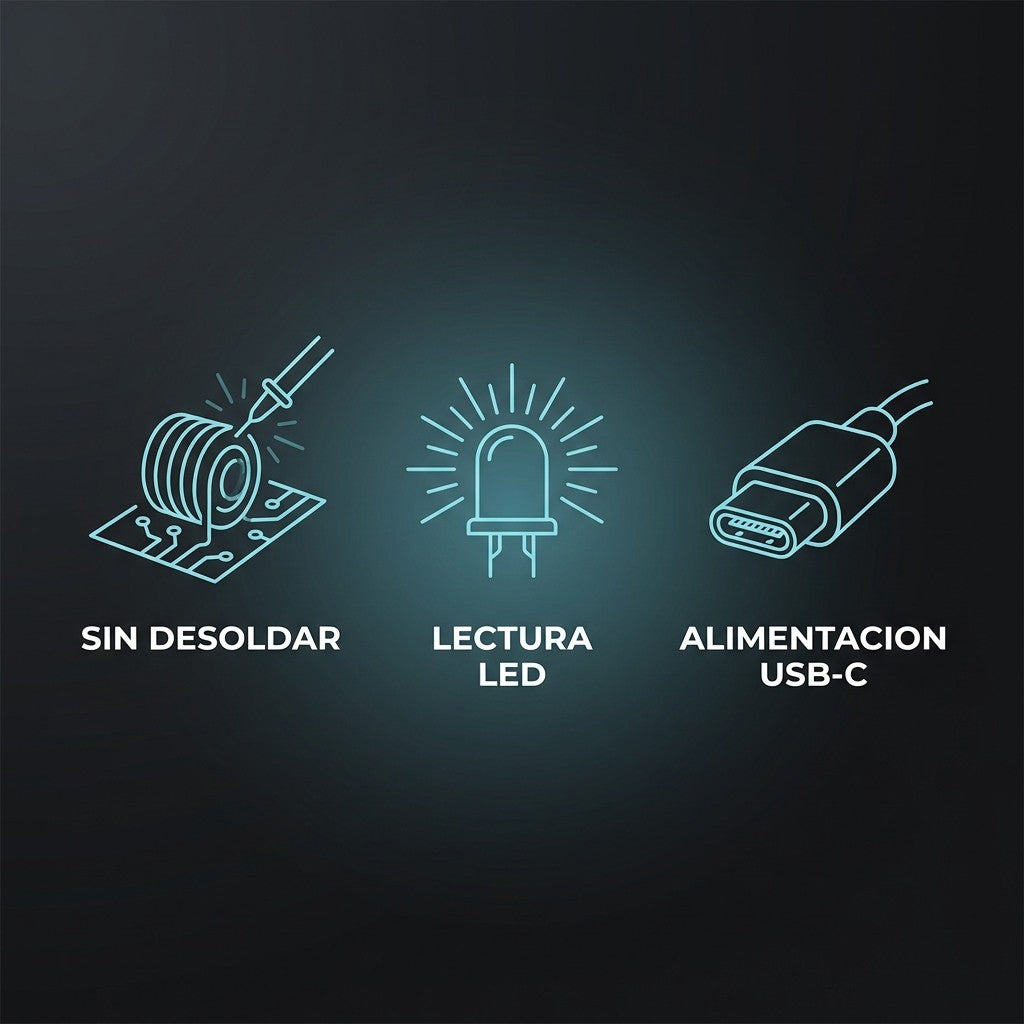Beneficios T005: sin desoldar, lectura LED y alimentacion USB-C